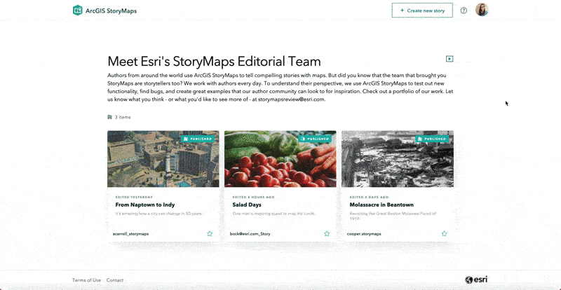A reader browses stories in an ArcGIS StoryMaps collection