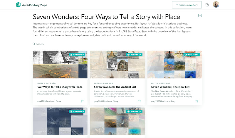 The overview of the 7 Wonders StoryMaps collection