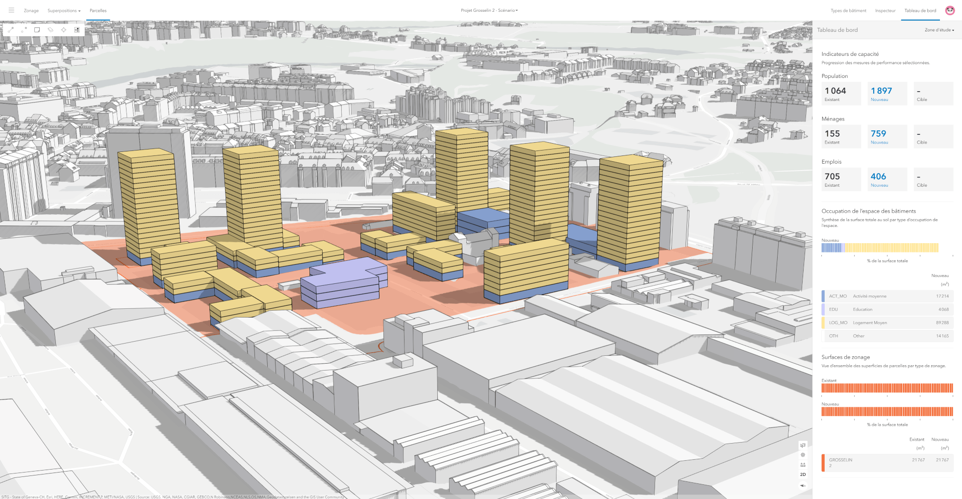 Design scenario of project Grosselin with plausible buildings and capacity indicators.