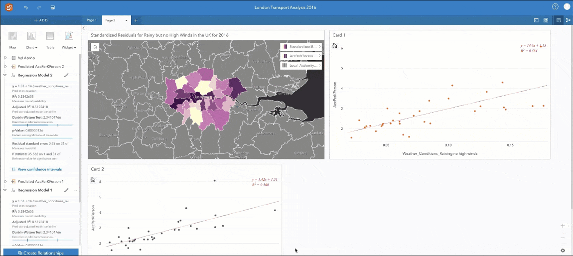 ArcGIS Insights investigates which London authorities are prone to car accidents, and determines if weather is potentially a causal factor.  The two regression models are not much different from one another, which implies that rainy vs. dry weather does not affect the rate of accidents.