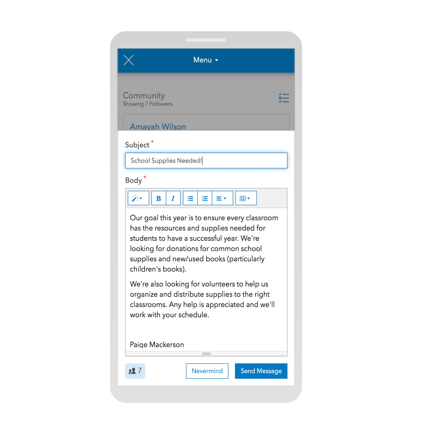 Mobile view of sending messages. Mobile view of sending messages.