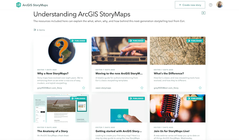 The overview for a group of stories explaining the basics of ArcGIS StoryMaps