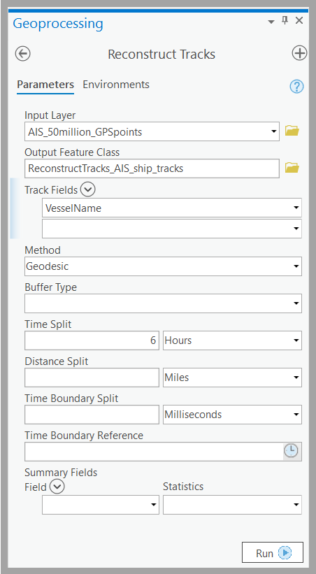 Parameters used in heat map analysis for the Reconstruct Tracks GeoAnalytics Desktop tool Parameters used in heat map analysis for the Reconstruct Tracks GeoAnalytics Desktop tool
