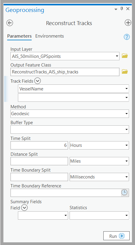 Parameters used in heat map analysis for the Reconstruct Tracks GeoAnalytics Desktop tool