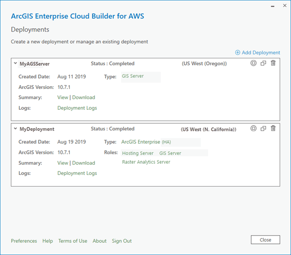 List of deployments in ArcGIS Enterprise Cloud Builder
