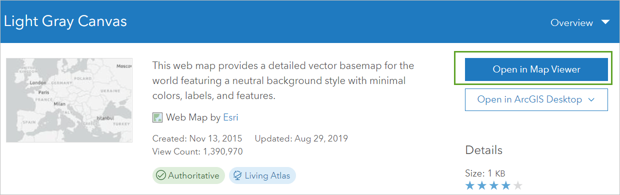 Light Gray Canvas item page with Open in Map Viewer selected
