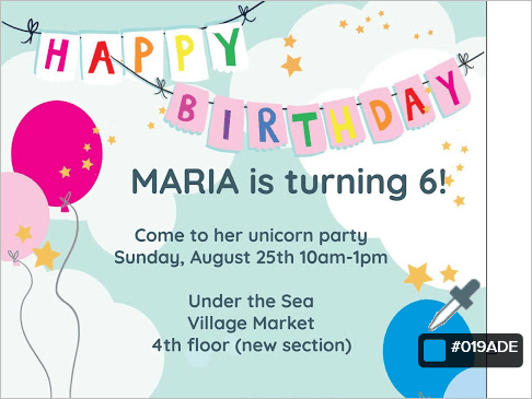 Birthday invitation with eyedropper displaying hex code for blue balloon Birthday invitation with eyedropper displaying hex code for blue balloon