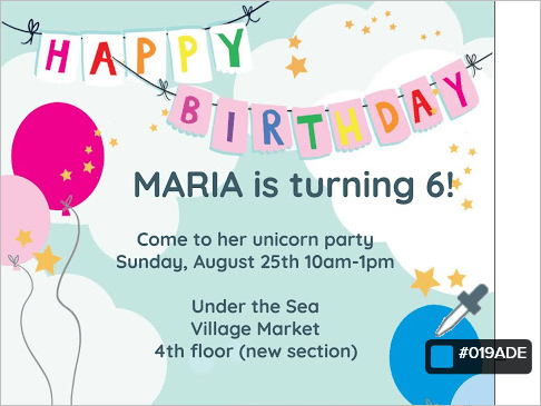 Birthday invitation with eyedropper displaying hex code for blue balloon