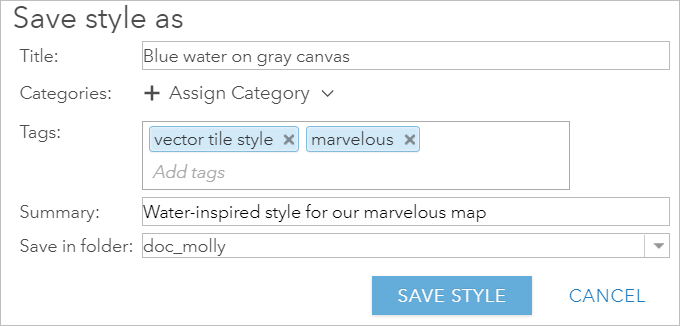 Filled-in fields in Save style as window Filled-in fields in Save style as window