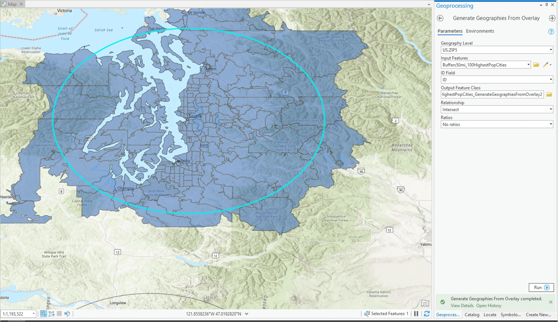 Greater Seattle area of the Pacific Northwest in Business Analyst to Generate Geographies from Overlay.