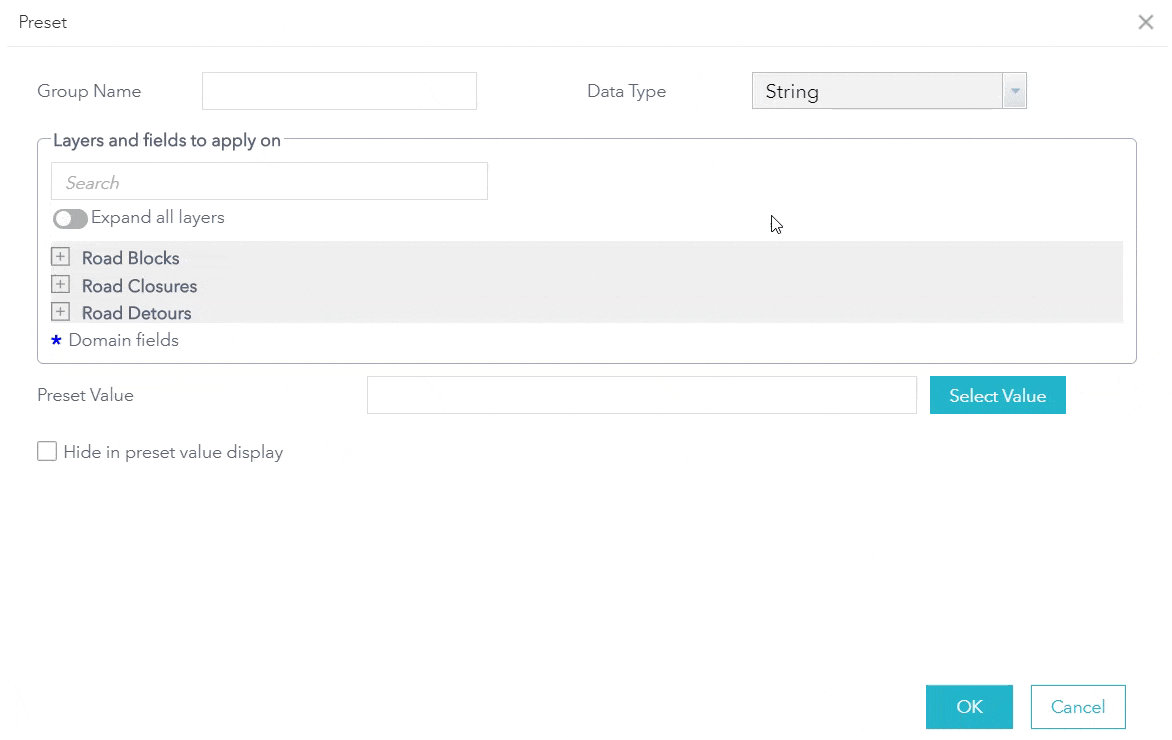 Filter fields by Data Type in the Preset builder