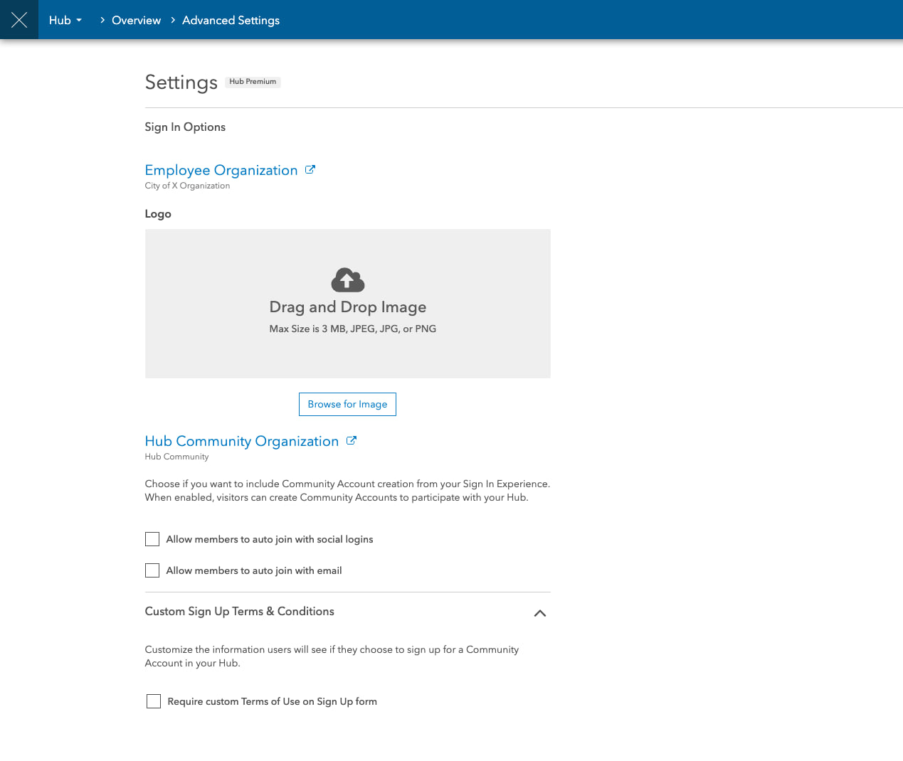 Hub Settings interface Hub Settings interface