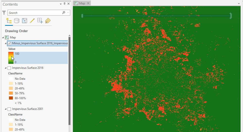 Changing the Color Ramp. Red Areas Changed From 0% to 100% Impervious, 2001-2016