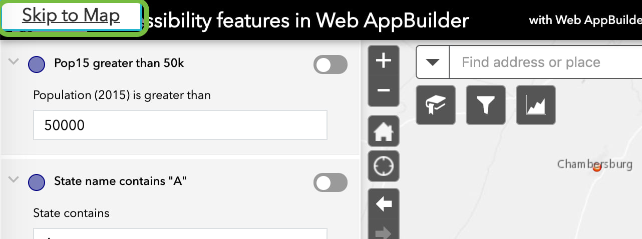 Skip to Map link highlighted in a portion of a sample app with a side panel