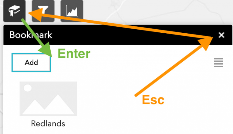 Bookmark widget with labeled arrows showing how the Enter key moves focus inside the widget panel and the Esc key moves focus out of the panel