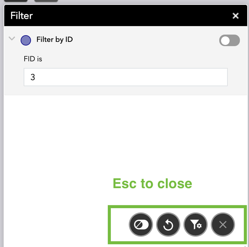 Filter widget with tool choices highlighted and a label indicating that you can use the Esc key to close the pop-up menu