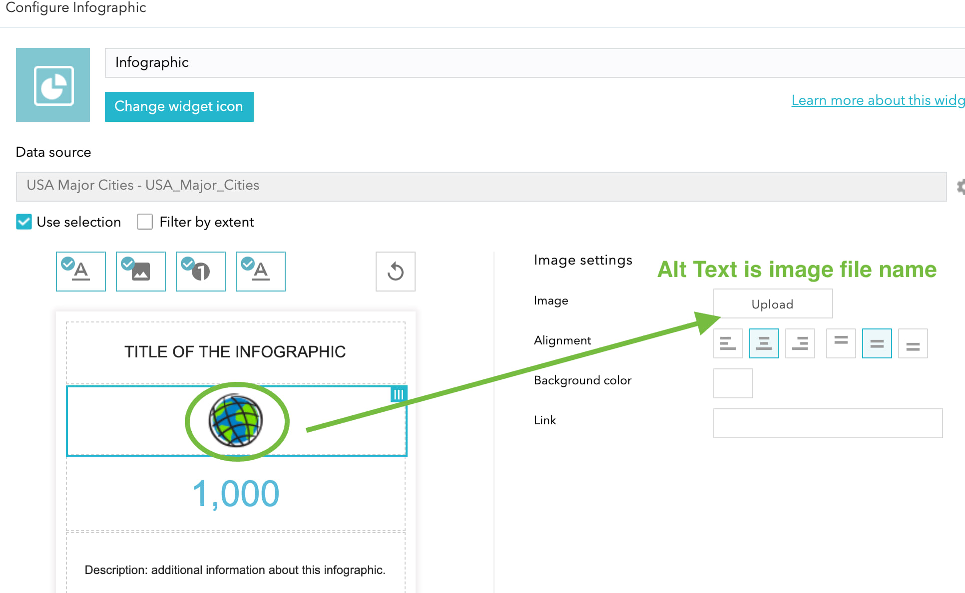 Configuration window for the Infographic widget with labeled arrow indicating that uploaded images use the file name for the alt text