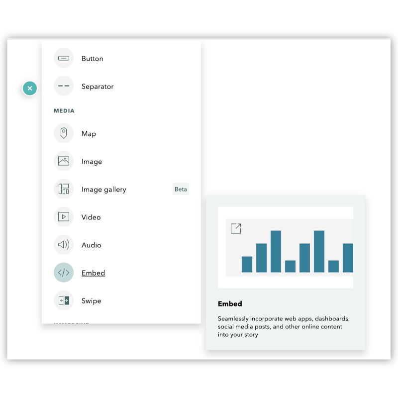 The embed block shown in the StoryMaps block palette The embed block shown in the StoryMaps block palette