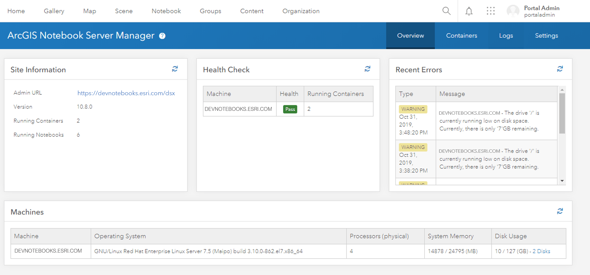 Image of the Overview page of the Notebook Server manager app