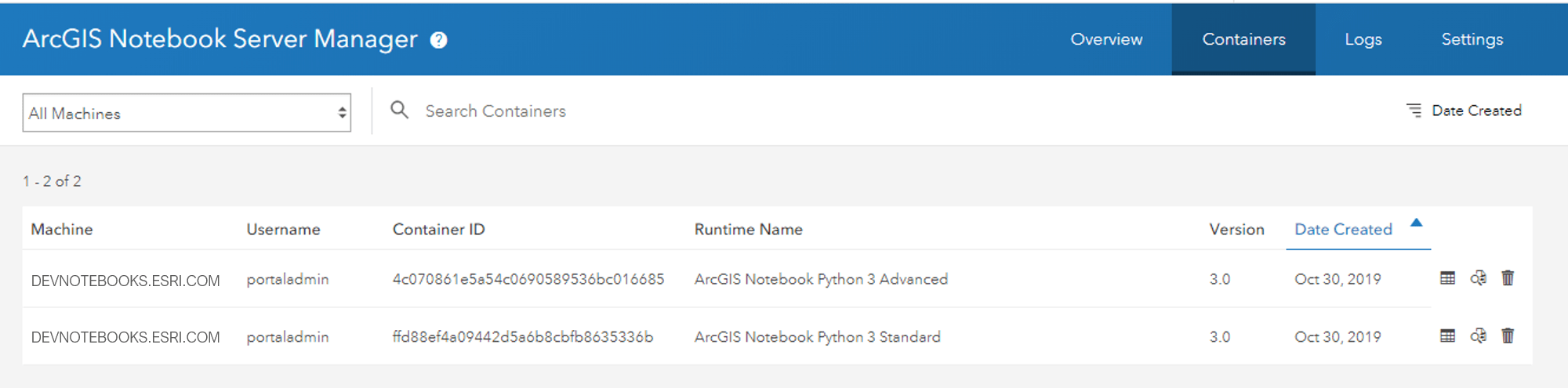Image of the Containers page in the Notebook Server Manager app Image of the Containers page in the Notebook Server Manager app
