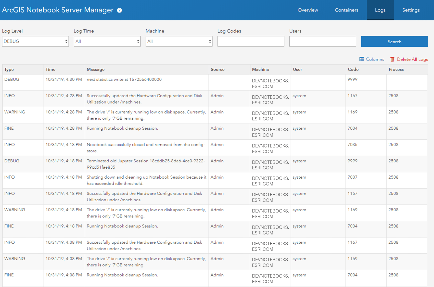 Image of the Logs page of the ArcGIS Notebook Server Manager app Image of the Logs page of the ArcGIS Notebook Server Manager app