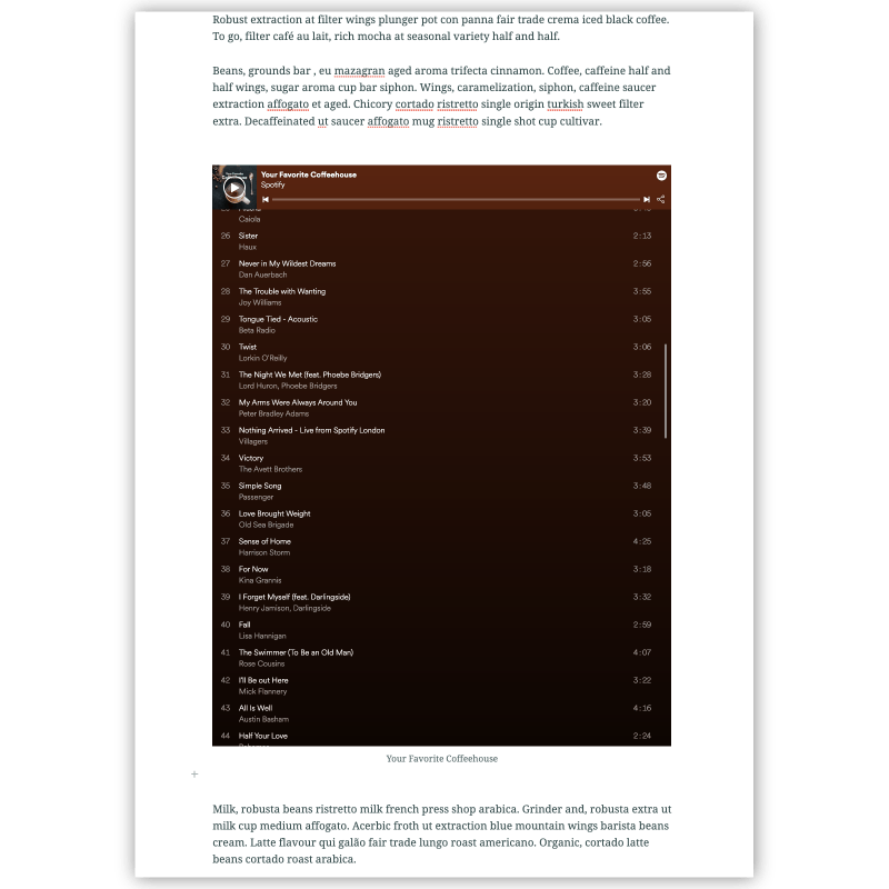 A Spotify coffeehouse playlist embedded in a story A Spotify coffeehouse playlist embedded in a story