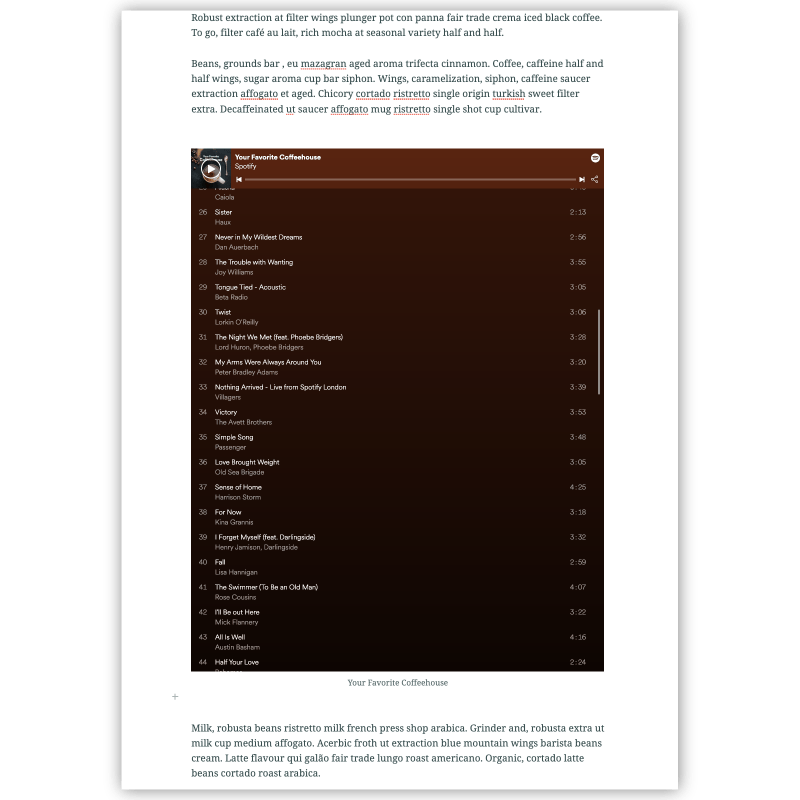 A Spotify coffeehouse playlist embedded in a story