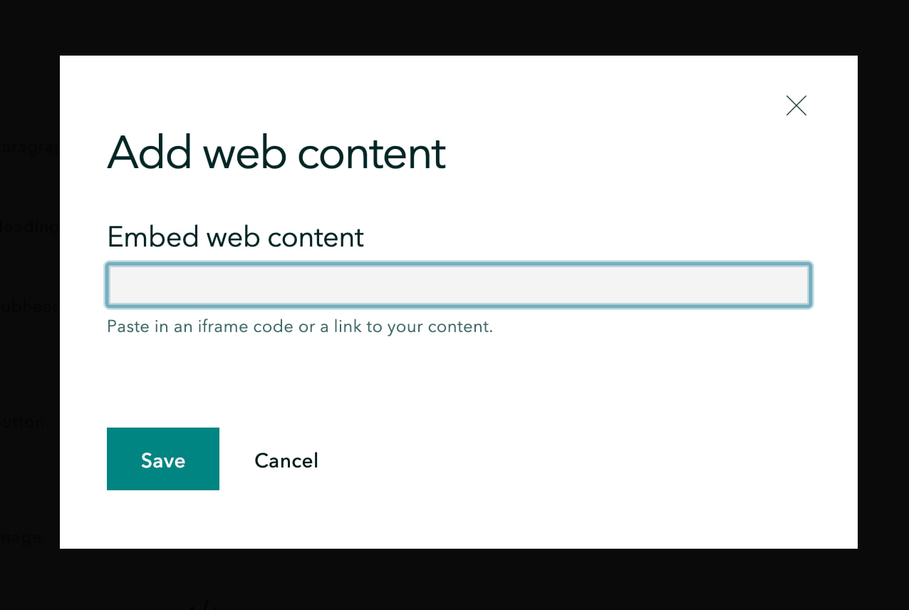 The modal with a single field in which to past a link or iframe code The modal with a single field in which to past a link or iframe code