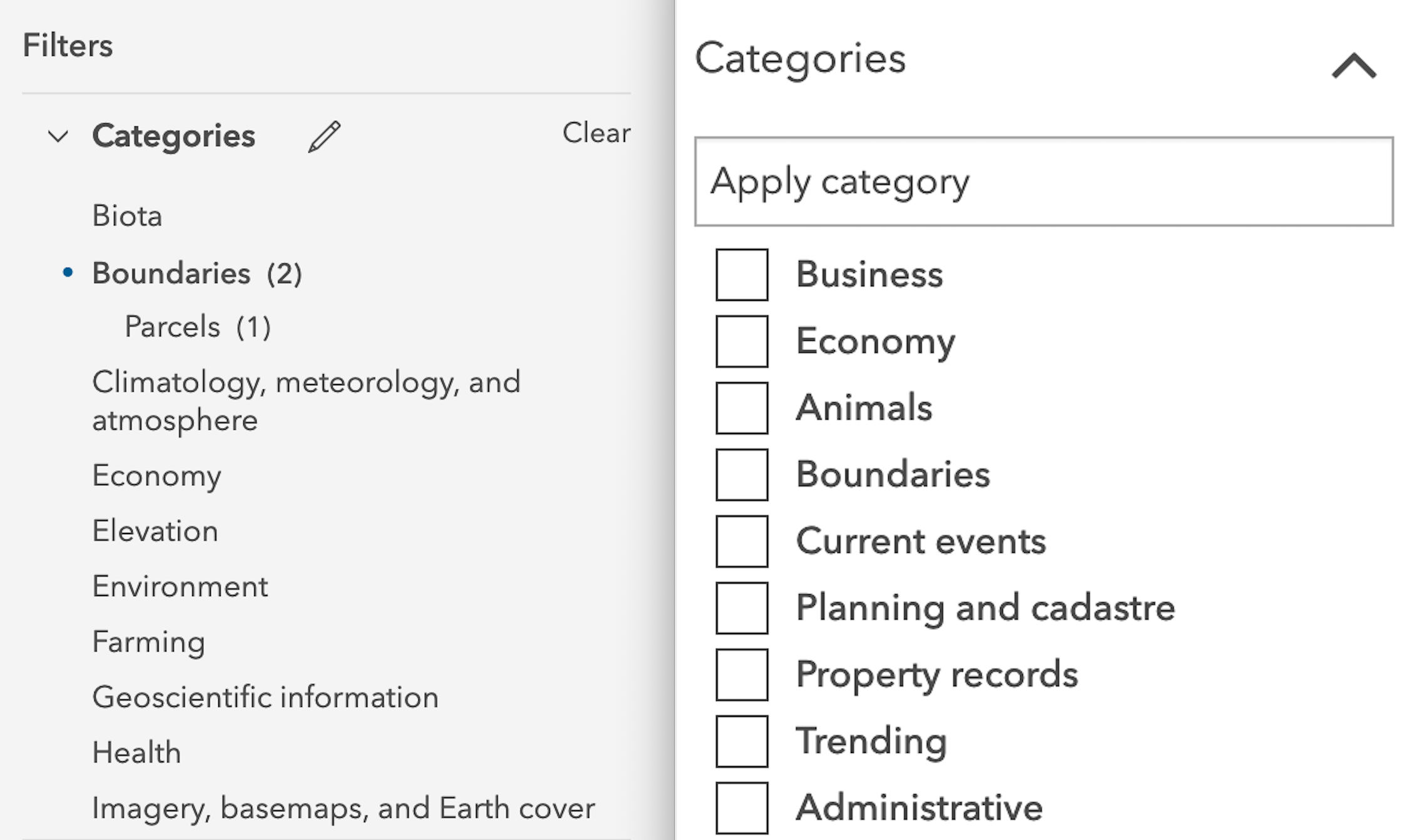 Side by side screenshot comparison of categories in ArcGIS Online vs ArcGIS Hub