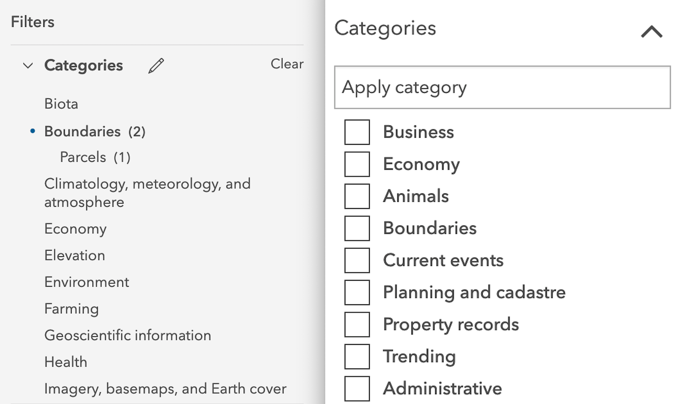 Side by side screenshot comparison of categories in ArcGIS Online vs ArcGIS Hub Side by side screenshot comparison of categories in ArcGIS Online vs ArcGIS Hub