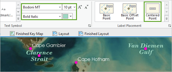 Font properties and Centered Point Label Placement on the ribbon