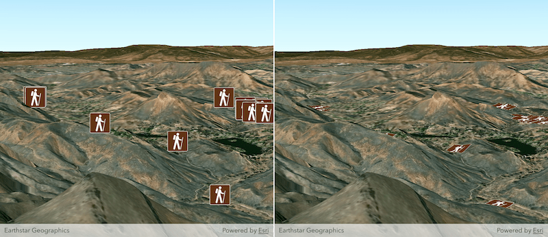 Comparing trailhead locations displayed in Billboarded Draped Mode vs Flat Draped Mode