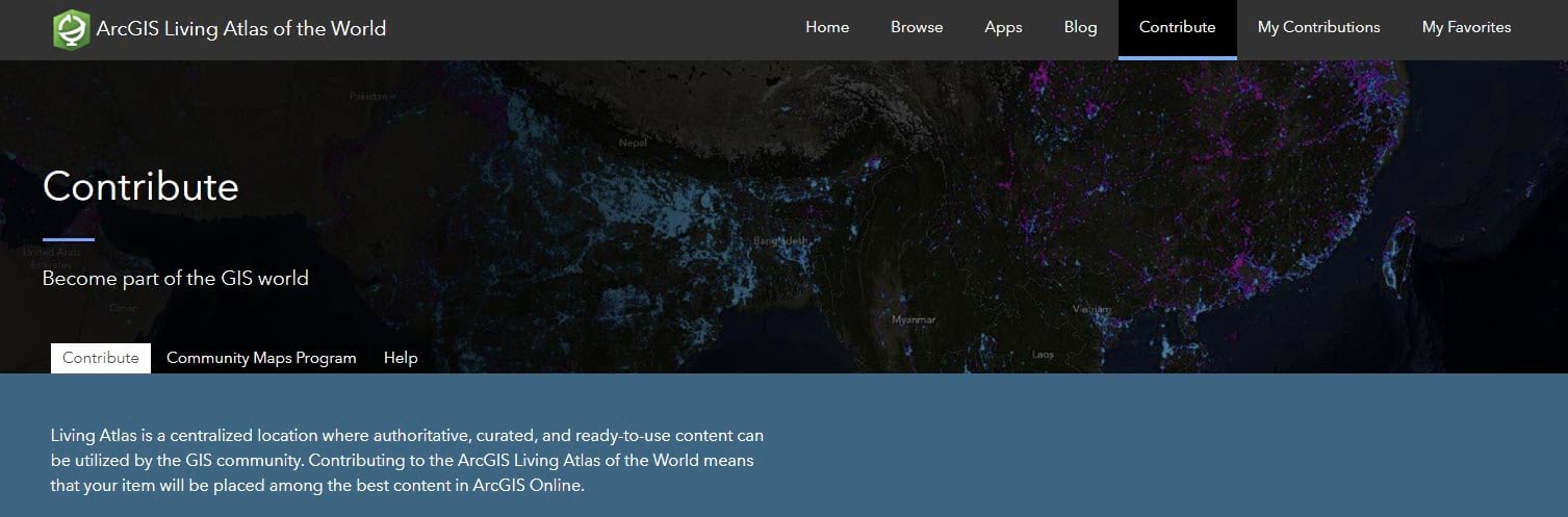 Screenshot of ArcGIS Living Atlas of the World's Contribute tab.