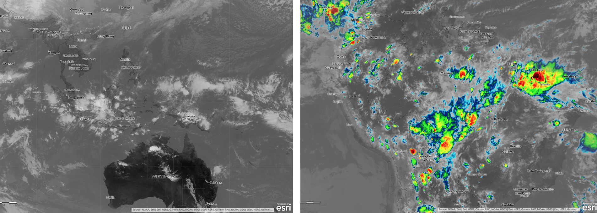 NOAA's infrared satellite imagery (black and white image) next to NOAA's colorized infrared satellite imagery (color image).