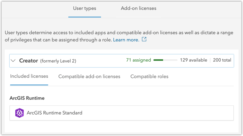 Screenshot of ArcGIS Online showing user type and runtime license