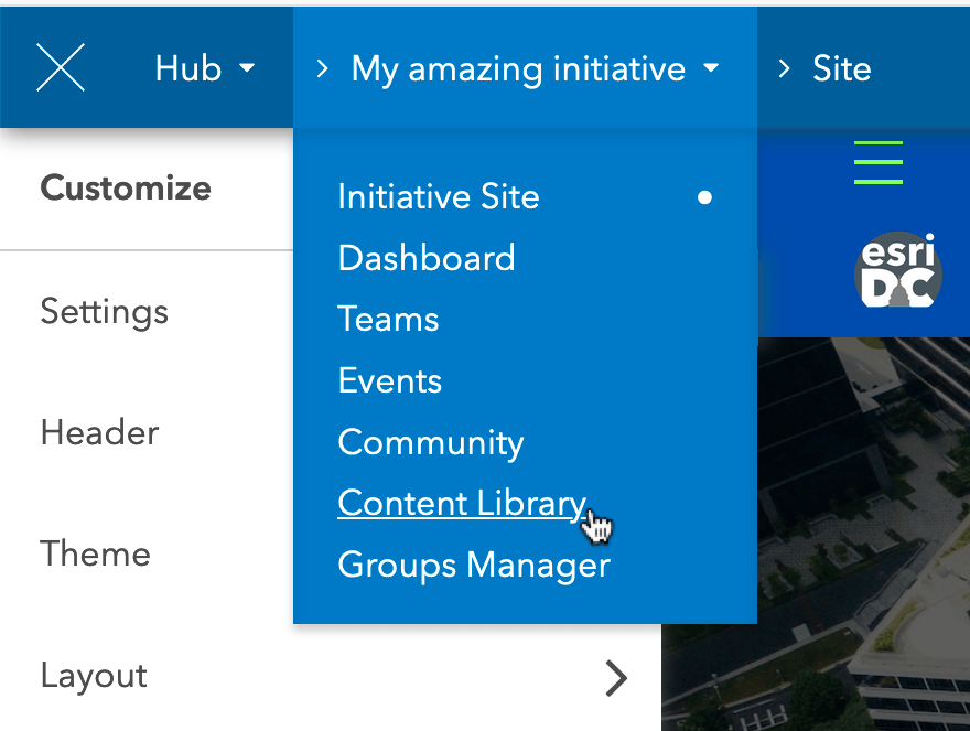 Screenshot of the Content Library link from the initiative dropdown Screenshot of the Content Library link from the initiative dropdown