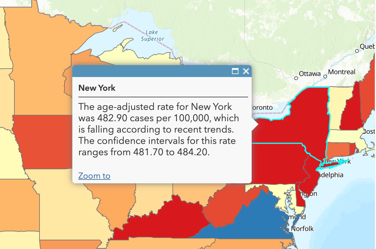 Pop-up for New York reads "The age-adjusted rate for New York was 482.90 cases per 100,000, which is falling according to recent trends. The confidence intervals for this rate ranges from 481.70 to 484.20." Pop-up for New York reads "The age-adjusted rate for New York was 482.90 cases per 100,000, which is falling according to recent trends. The confidence intervals for this rate ranges from 481.70 to 484.20."