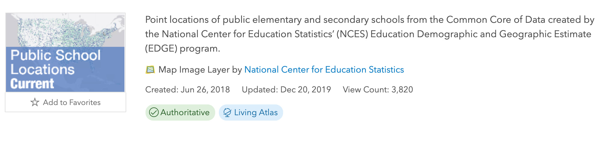 Item card in ArcGIS Online for Map Image Layer by National Center for Education Statistics - point locations of public elementary and secondary schools