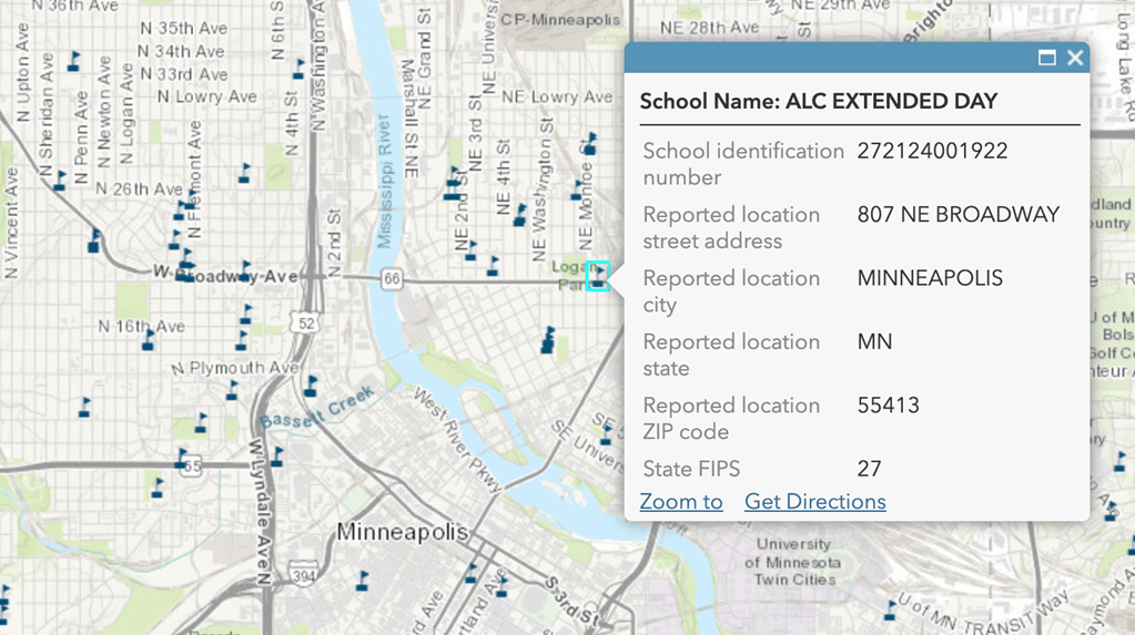 pop-up of a school location with field aliases such as "school identification number," "reported location street address," "reported location city," "reported location state," "reported location ZIP code"