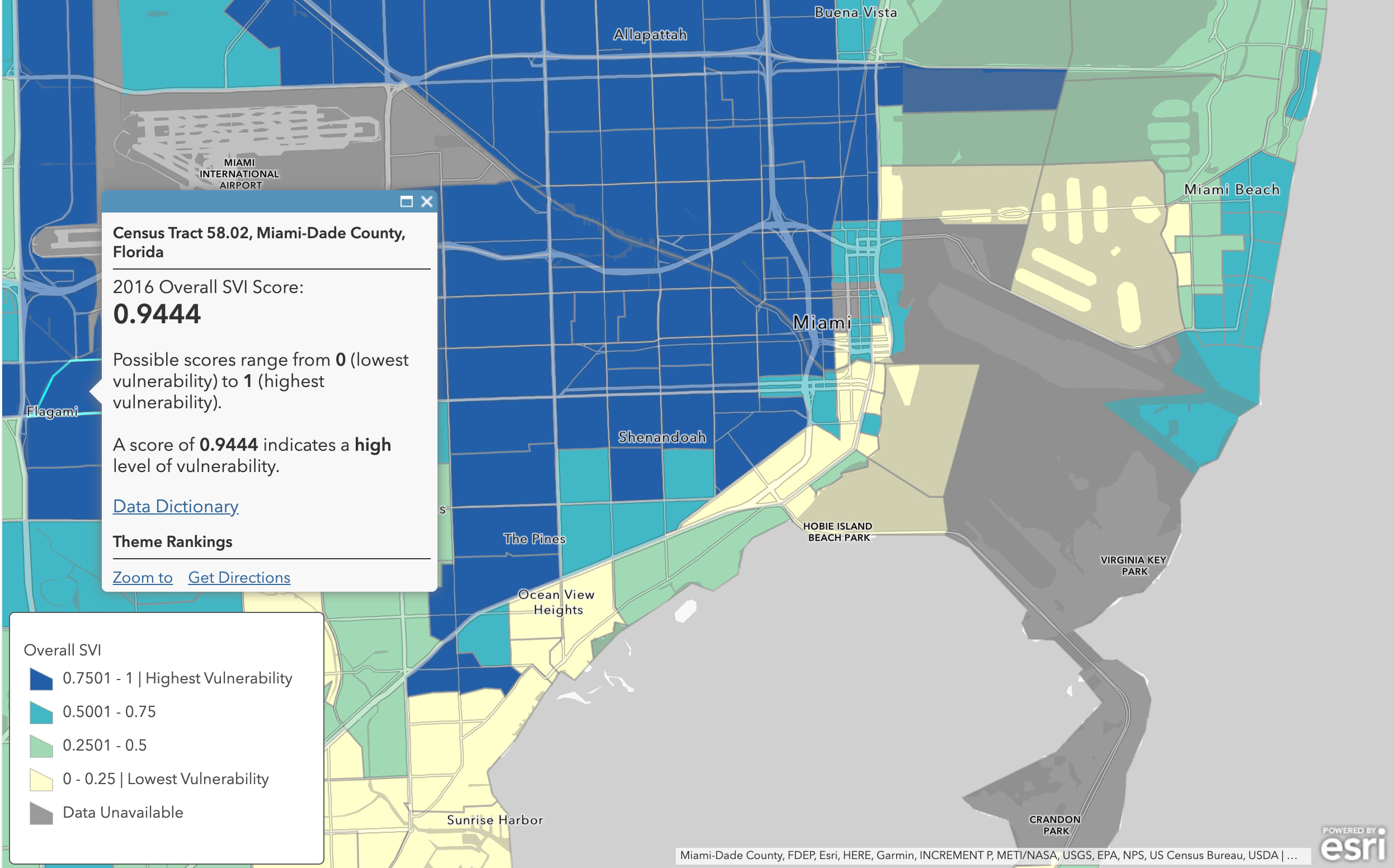 Social Vulnerability Index layer's pop-up provides context for interpretation: "Possible scores range from 0 (lowest vulnerability) to 1 (highest vulnerability)."