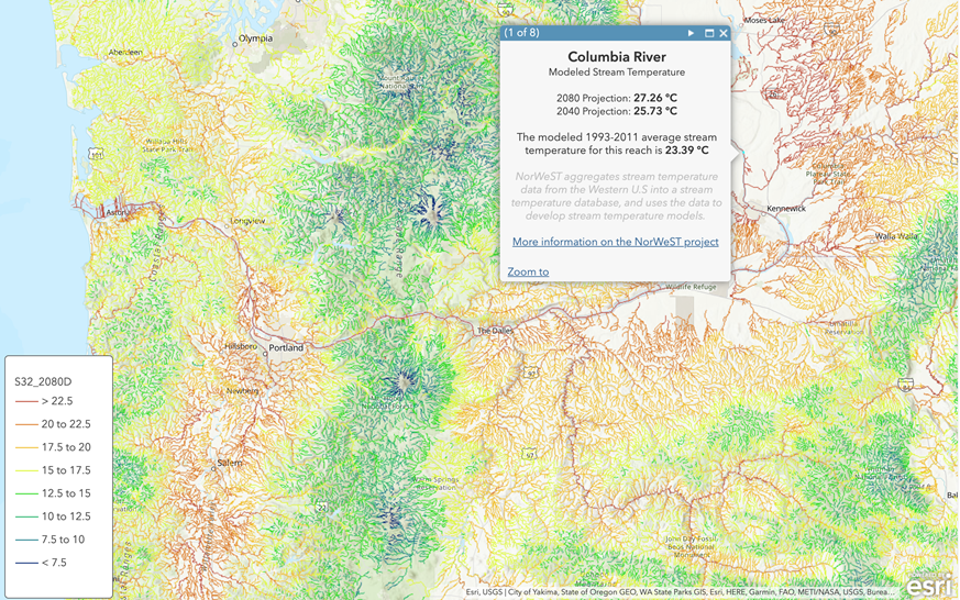 Pop-up displaying for Columbia River in Washington State. 2080 projected temperature: 27.26 degrees C, 2040 projected temperature: 25.73 degrees C.