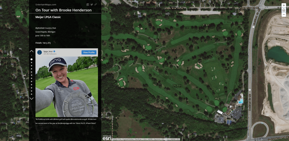 A Story Map Journal with a floating narrative panel on the left and satellite imagery of a golf course on the right