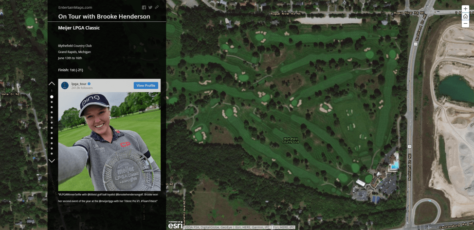 A Story Map Journal with a floating narrative panel on the left and satellite imagery of a golf course on the right A Story Map Journal with a floating narrative panel on the left and satellite imagery of a golf course on the right