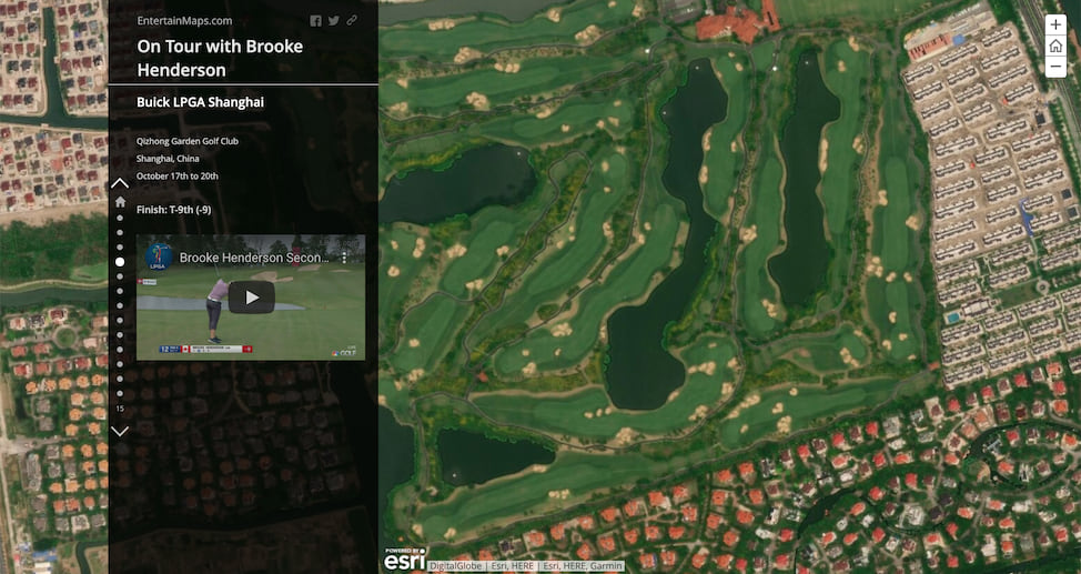 A Story Map Journal with a floating narrative panel on the left and satellite imagery of a golf course on the right