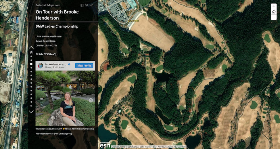 A Story Map Journal with a floating narrative panel on the left and satellite imagery of a golf course on the right