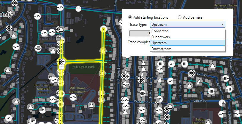 Utility network demo UI showing all trace options (Connected, Subnetwork, Upstream and Downstream)