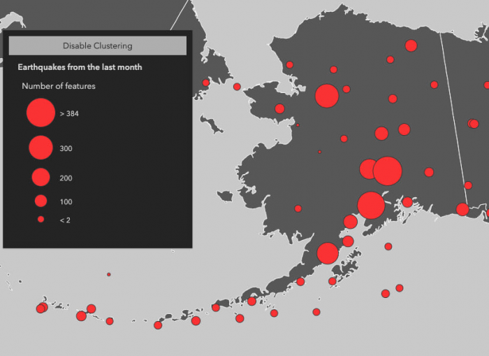 The state of Alaska with earthquakes visualized in clusters to show areas where earthquakes occur more frequently.