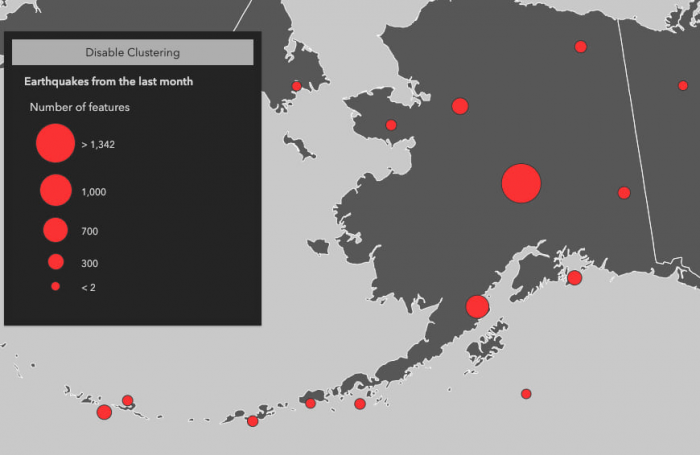 The state of Alaska with earthquakes visualized in larger clusters to show areas where earthquakes occur more frequently.