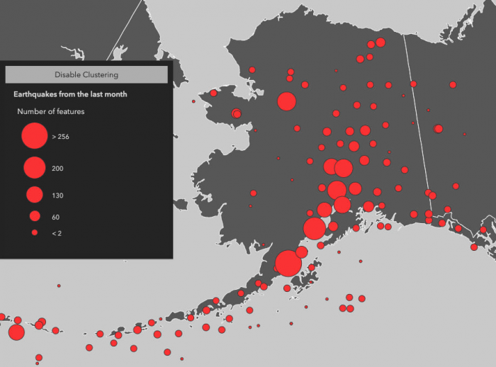 The state of Alaska with earthquakes visualized in smaller clusters to show areas where earthquakes occur more frequently.