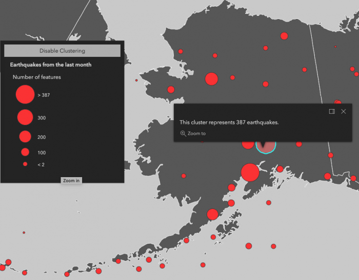 The state of Alaska with earthquakes visualized in clusters to show areas where earthquakes occur more frequently. An open popup is displayed showing the number of earthquakes represented by one of the clusters.